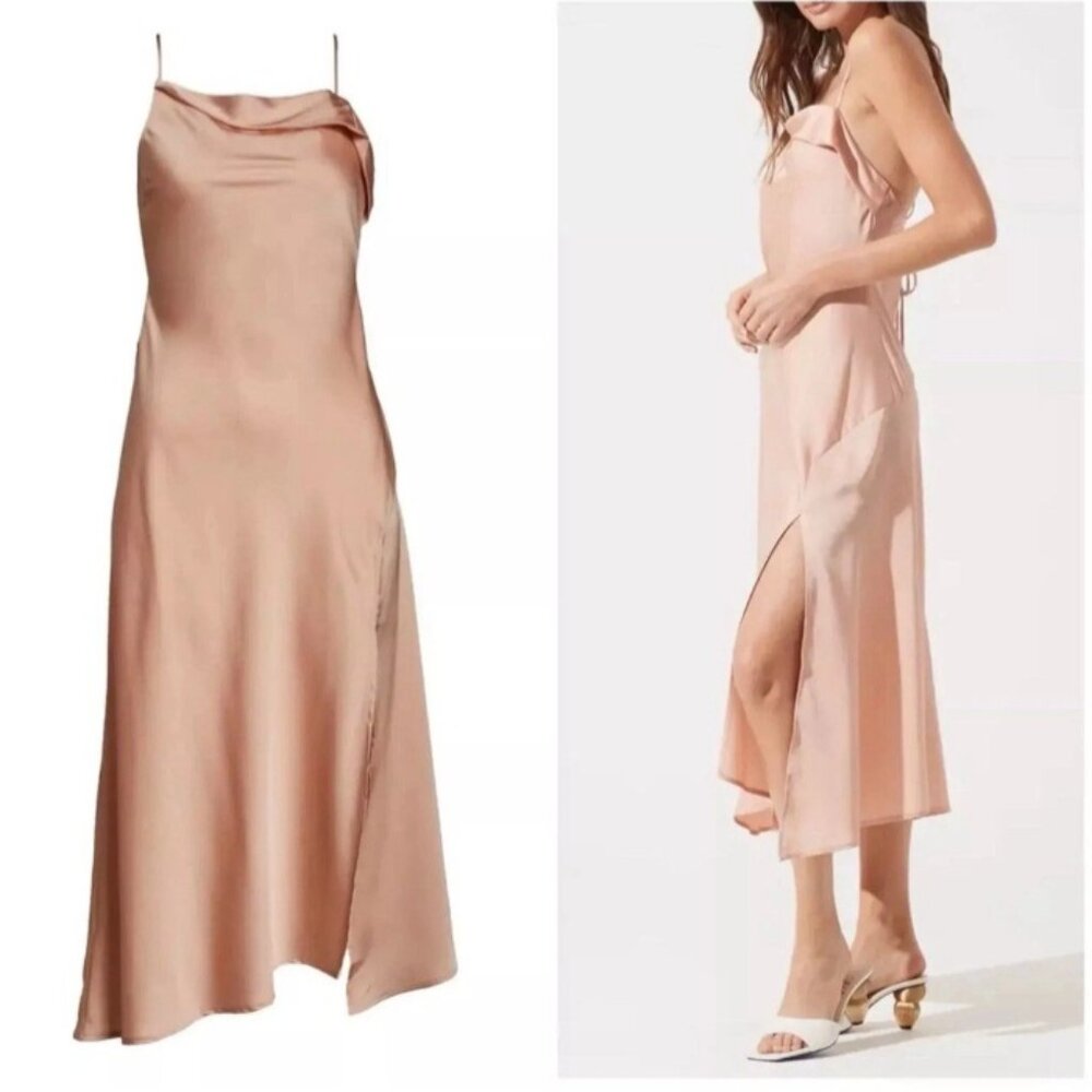 ASTR The Label Satin Cowl Neck Midi Dress Blush Strappy Lace Up Back Slip S - Picture 2 of 13